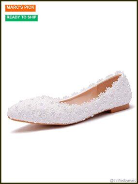Handmade White Lace Bridal Ballet Flats Pointed Toe Wedding Shoes